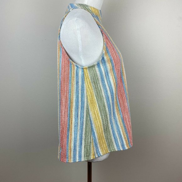 W5 Halter Tank Top M Tweed Textured Summer Button Back Boho Striped - Picture 3 of 9